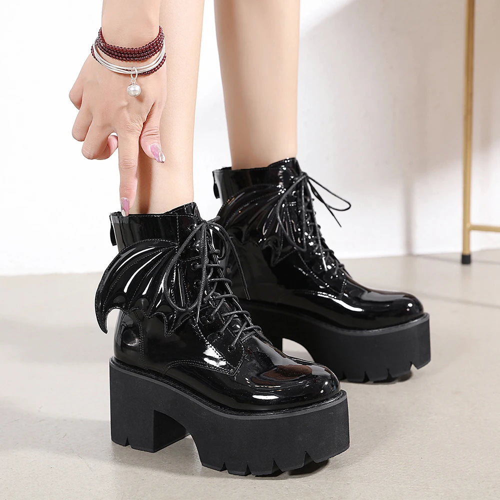 Goth Bat Winged Chunky Heel Boots