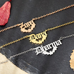 Gothic Bat Necklace - Customizable Old English Font