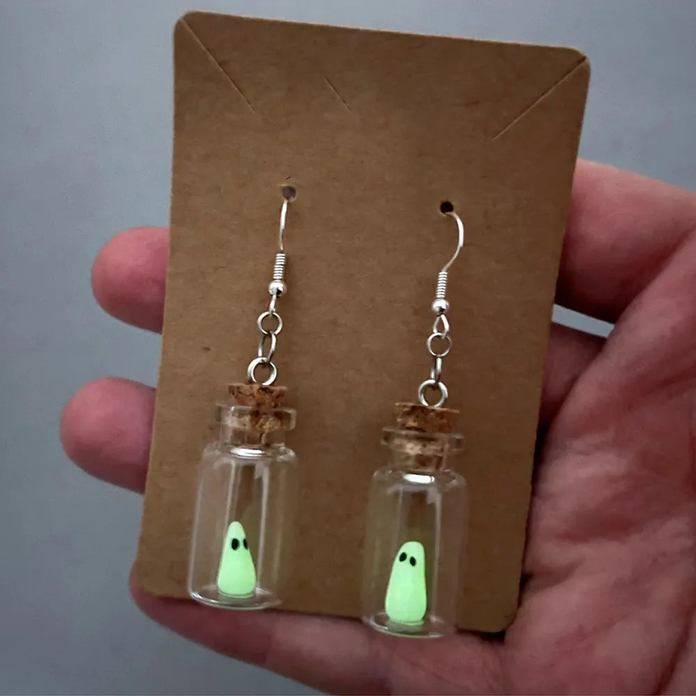 Glow-in-the-dark ghost bottle earrings