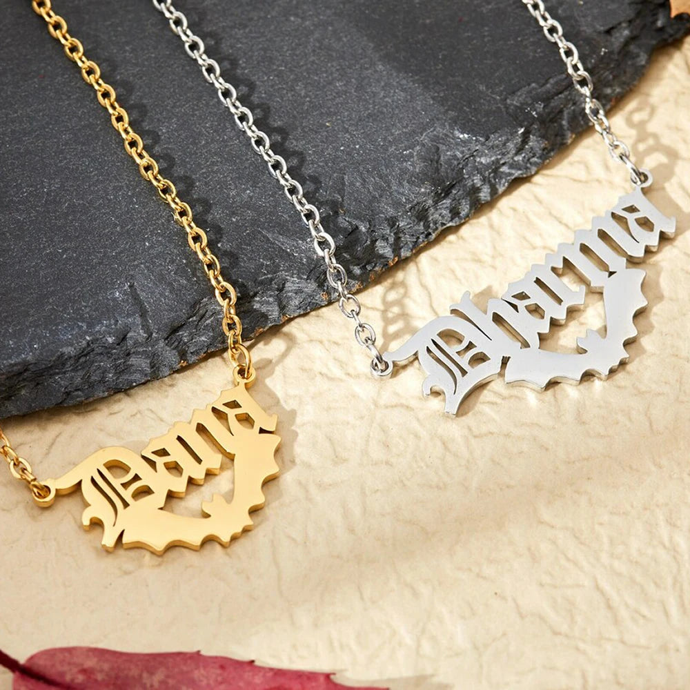 Gothic Bat Necklace - Customizable Old English Font