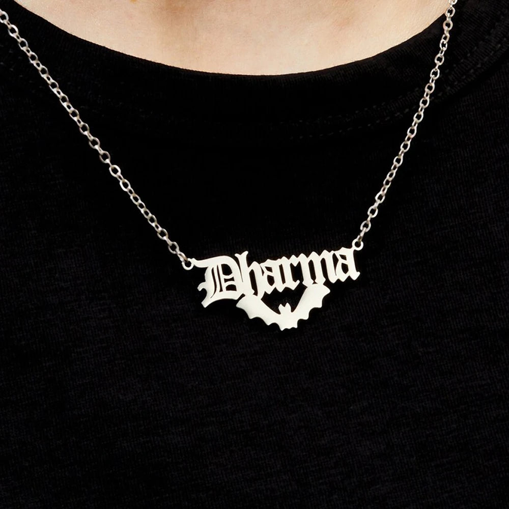 Gothic Bat Necklace - Customizable Old English Font