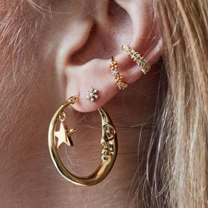 Crescent Moon & Star Geometric Gold Hoop Earrings and Cuff Set - Mermaid Venom