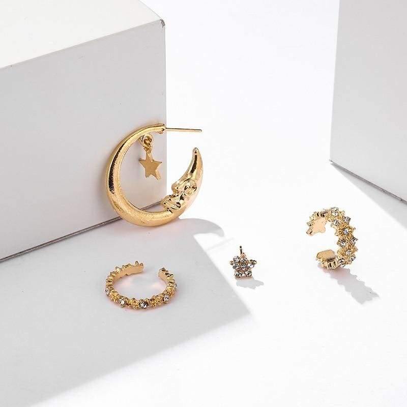 Crescent Moon & Star Geometric Gold Hoop Earrings and Cuff Set - Mermaid Venom