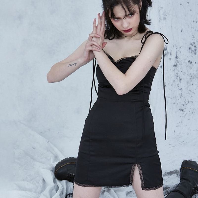 Strappy Satin Ruched Side Split Black Mini Dress - Mermaid Venom
